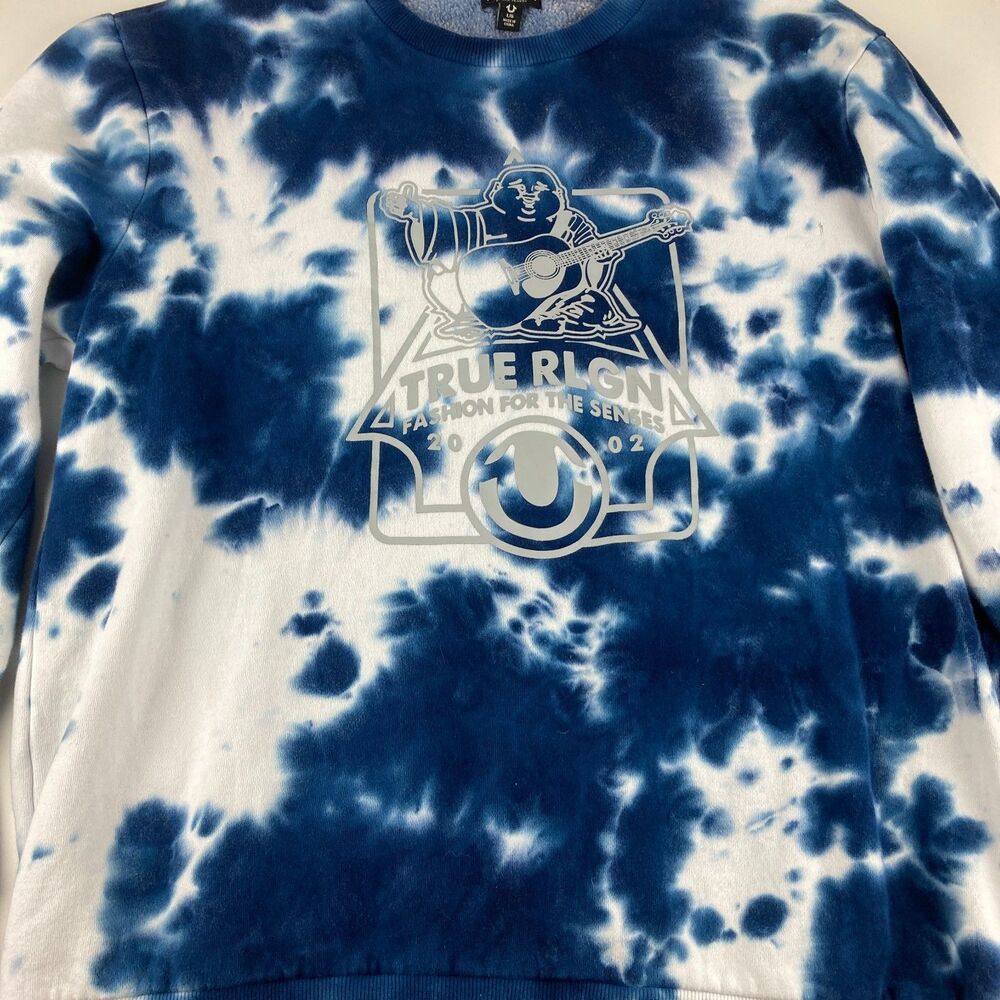 True Religion Sweatshirt Mens L Blue White Tie Dye Buddha Graphic Crewneck - Picture 2 of 10